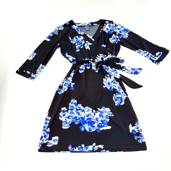 Covington Black & Blue Floral Tie Waist V-Neck Dress Medium Petite 🌸🖤💙 - Picture 5 of 15